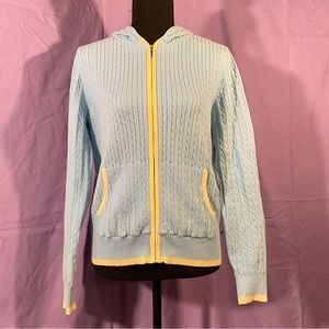 tommy hilfiger baby blue cable-knit zip up sweater with pale yellow trim